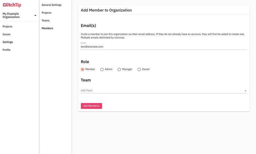 Screenshot of GlitchTip's add member page