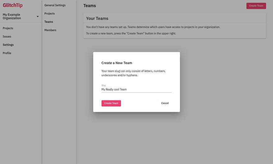 Screenshot of GlitchTip's create team page