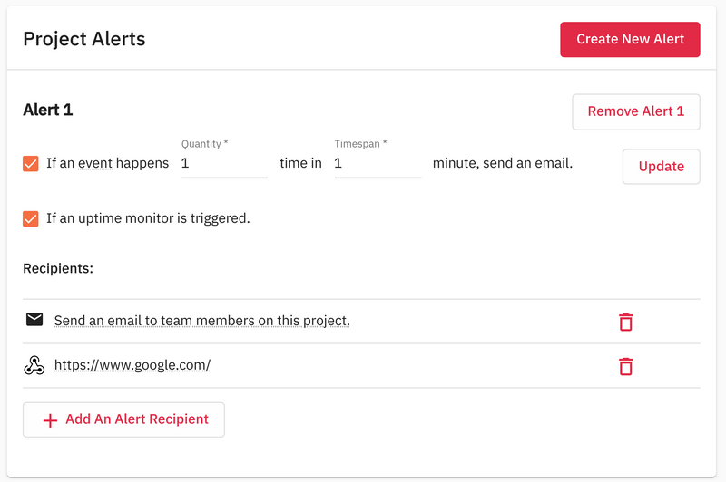 Screenshot of GlitchTip's new project alert settings for uptime.