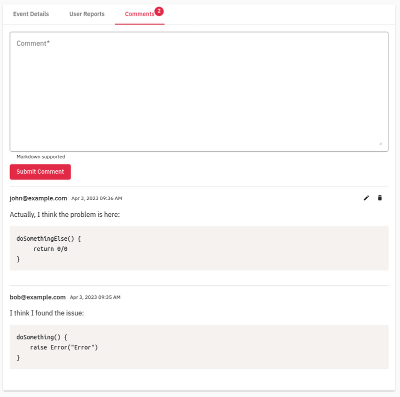Screenshot of GlitchTip's new issue comments.