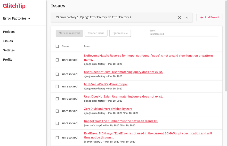 Screenshot of GlitchTip's issues list page