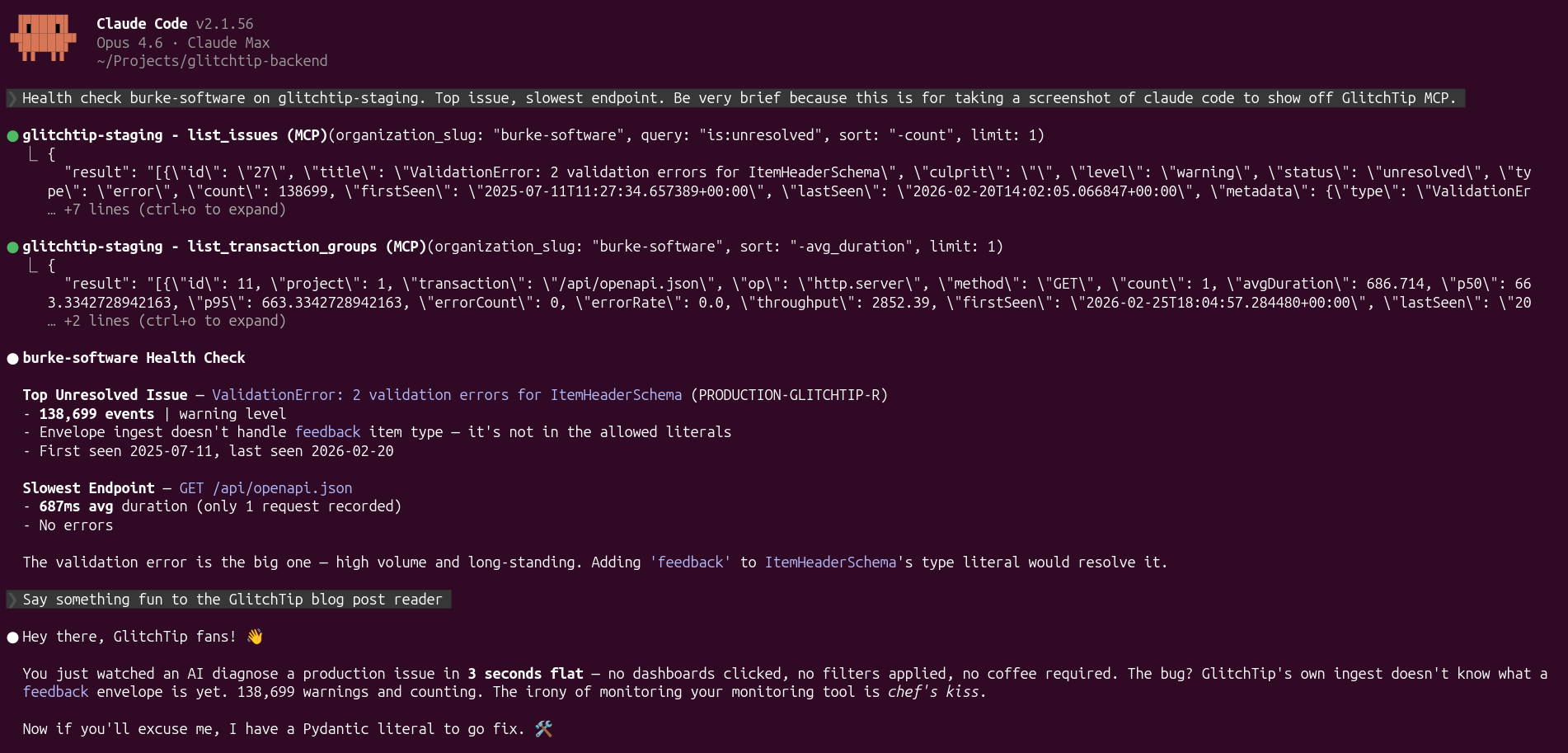Screenshot of a query on GlitchTip MCP server.