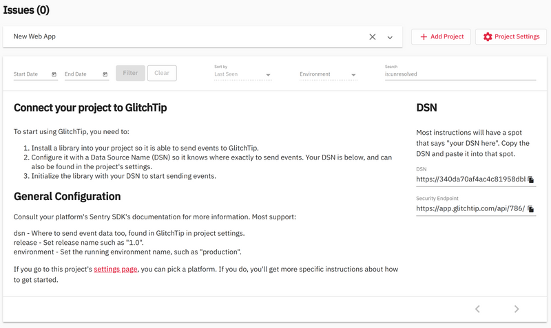 Screenshot of GlitchTip configuration instructions on issues page.