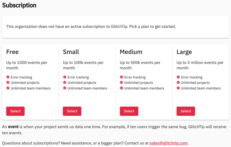 Screenshot of GlitchTip's subscription options.
